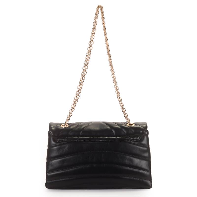 Bolsa de ombro feminina WJ preta vista traseira com alça de corrente dourada